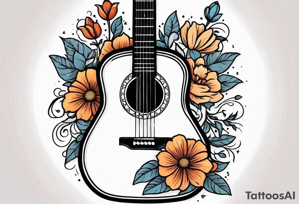 old school traditional vintage style design of guitar with flowers surrounding it tattoo idea