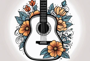 old school traditional vintage style design of guitar with flowers surrounding it tattoo idea