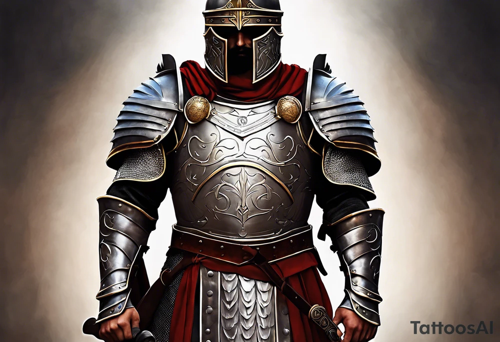 a roman soldier from AD 60, wearing armor which must include an armoured belt, breastplate, armoured shoes, shield, helmet and sword.
the soldier must look strong. the soldier is faceless. The image must include the full person, not just the top half tattoo idea