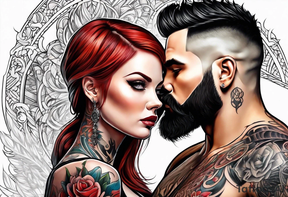 Busty Red haired woman with black haired bearded man tattoo idea