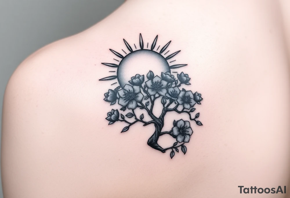 sun 
 surrounding by clouds, tree blooming with flowers on the shoulder tattoo idea