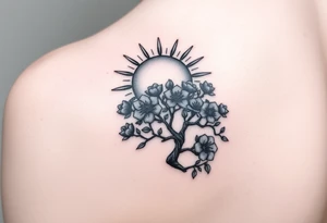 sun 
 surrounding by clouds, tree blooming with flowers on the shoulder tattoo idea