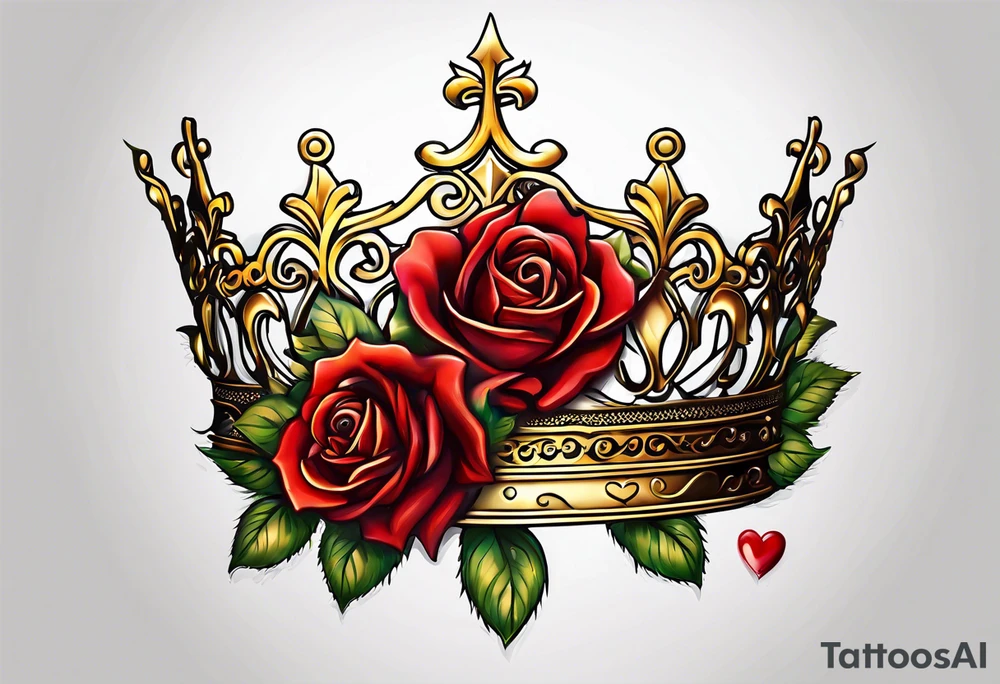 the red rose queen's golden crown with a heart tattoo idea