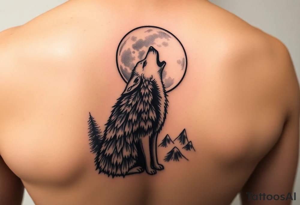 lone wolf howling at full moon with northern lights backdrop tattoo idea
