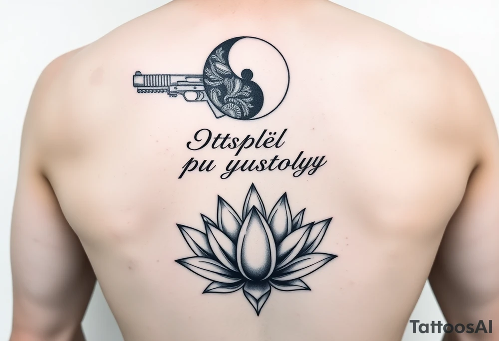 "Geometric sleeve where:  
- Top: Yin-yang symbol made of gun parts  
- Middle: Flowing text *"Стреляй в пустоту"* in Cyrillic calligraphy  
- Bottom: Minimalist lotus with 8 bullet casings as petals" tattoo idea