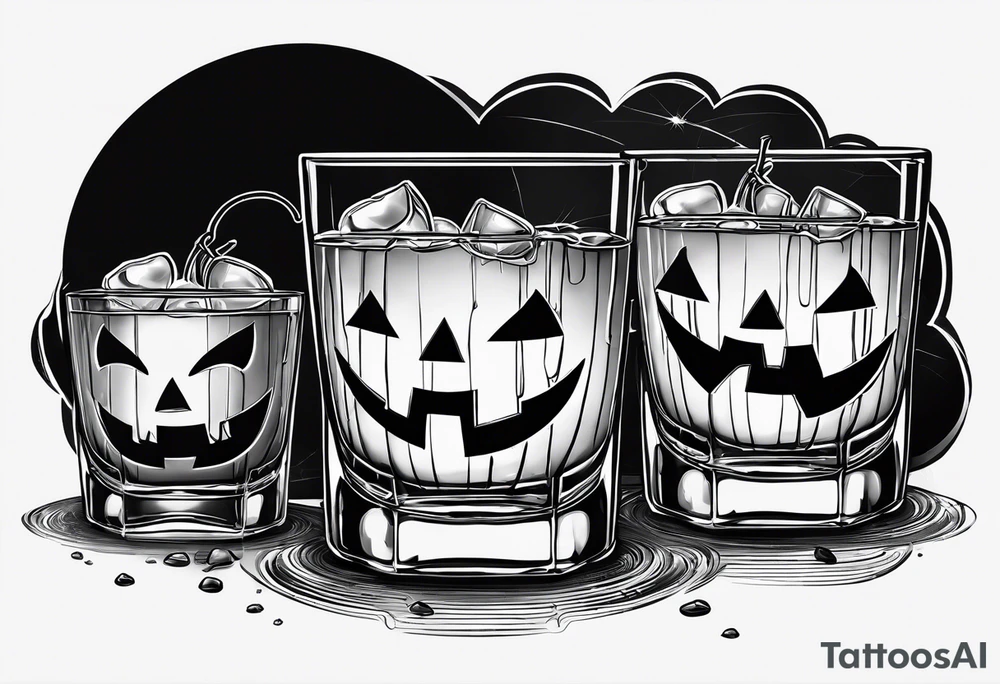 glass of whiskey but the ice cube is a jack-o-lantern tattoo idea