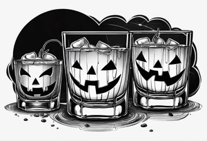 glass of whiskey but the ice cube is a jack-o-lantern tattoo idea