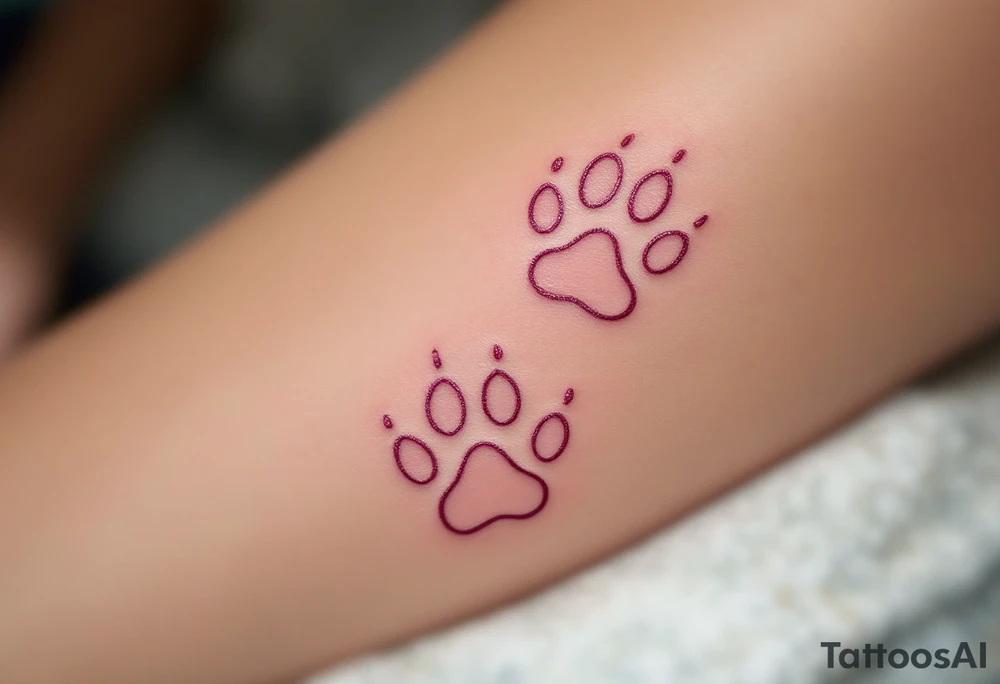 Two delicate paw outlined in pink, placed near the heart or wrist, elegant and minimal. tattoo idea