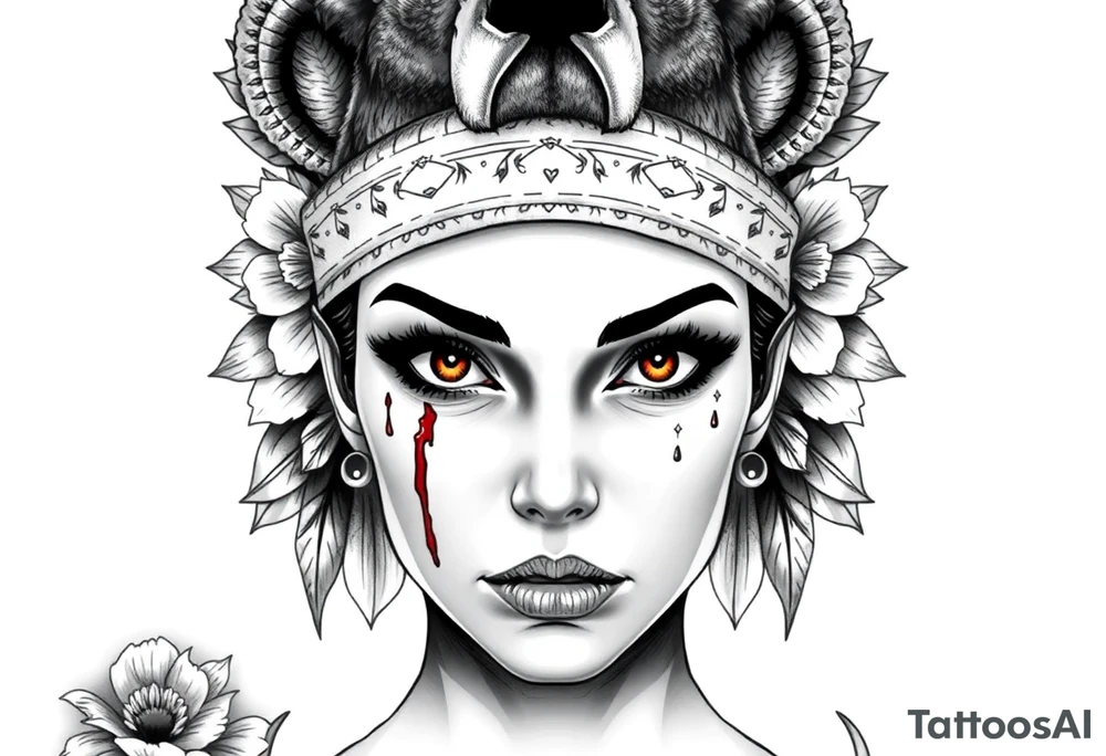 Young Symmetrical Beautiful Woman, looking forward, with colored eyes, shedding a tear, with battle scars and blood on face, with soft look, wearing a mean looking bear headdress on head, with flower background tattoo idea