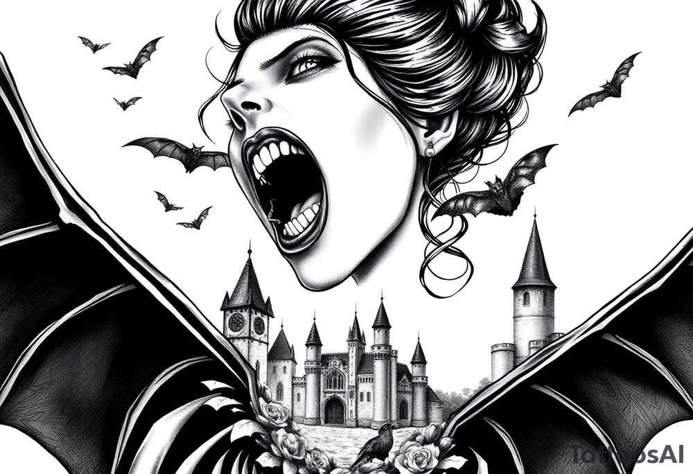 female vampire,bats,old castle,teeth. tattoo idea