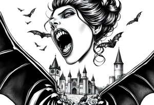 female vampire,bats,old castle,teeth. tattoo idea