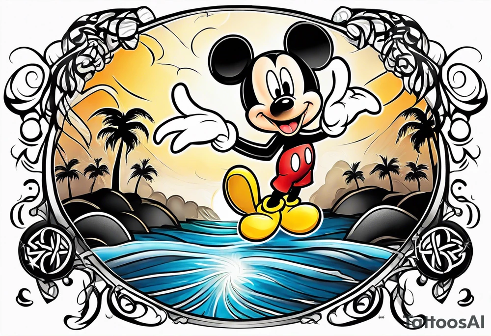 mickey mouse in a lightning storm with palm trees and the celtic symbol for family tattoo idea