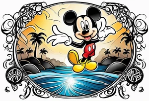 mickey mouse in a lightning storm with palm trees and the celtic symbol for family tattoo idea
