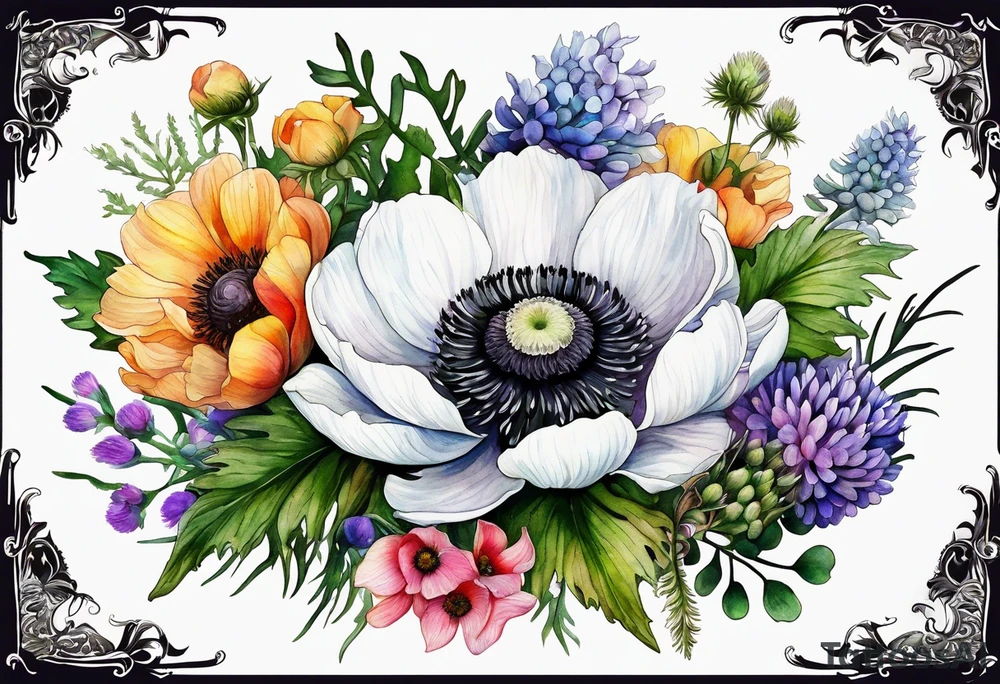 one white anemone with black center in the middle of equal sized mixed colorful wildflowers all with different shapes including thistles, ferns, ranuculus, and sun flowers all in watercolor tattoo idea