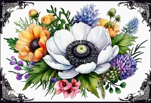 one white anemone with black center in the middle of equal sized mixed colorful wildflowers all with different shapes including thistles, ferns, ranuculus, and sun flowers all in watercolor tattoo idea