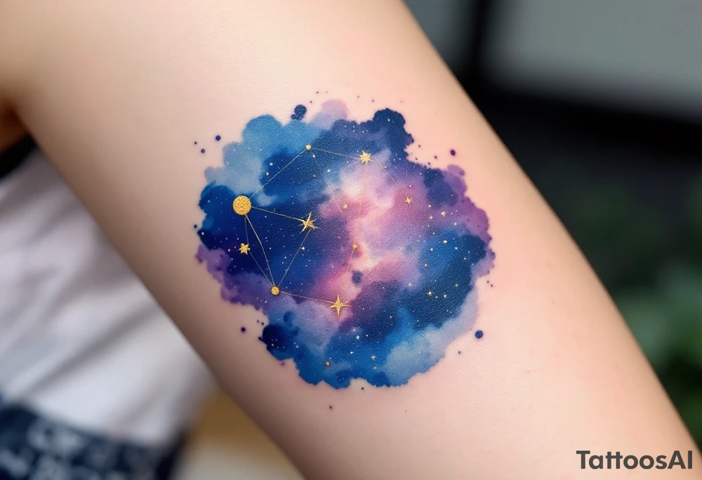 A celestial-themed tattoo combines the Libra star constellation in gold with a cosmic sky in navy and purple hues. tattoo idea