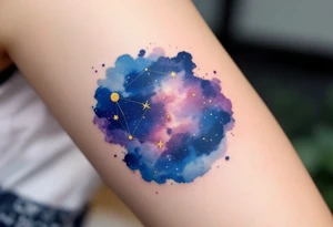 A celestial-themed tattoo combines the Libra star constellation in gold with a cosmic sky in navy and purple hues. tattoo idea