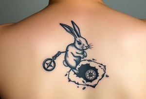 Small tattoo on the left forearm of a rabbit going down the rabbit hole with a compass dragging behind him attached to a chainbthat hooks around the rabbit tattoo idea