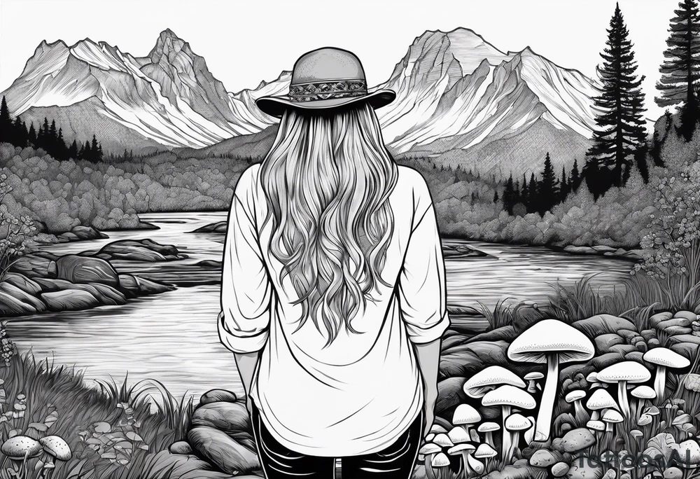 Whole picture encircled fully

Straight long blonde hair hippie girl in distance holding mushrooms in hand facing away toward mountains and creek surrounded by mushrooms long sleeve shirt and hiking pants; whole rendering within a full circle, no cut off circle tattoo idea