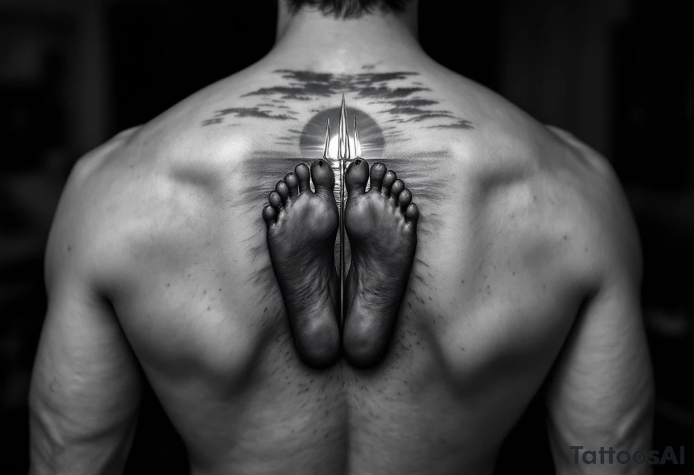 barefeet behind trident with water and sunset tattoo idea
