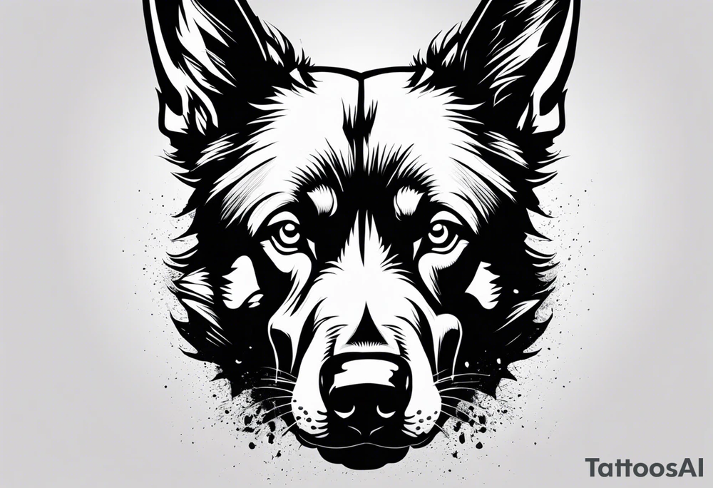 Create aggressive, vicious dog, with some blood coming out of his mouth and saliva. Make it a drawing and use the image of reference. I am going to add. I want HIM TO BE ANGRY WITH RED EYES use VICIOUS German shepherd tattoo idea