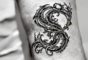 A black and gold "S" designed like an ancient monogram with regal details. tattoo idea