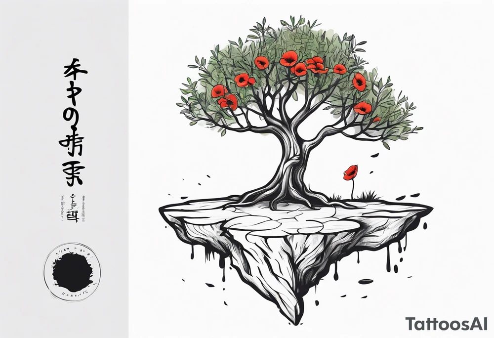 And olive tree with exposed roots, writing out “patience” in Korean, next to a tree stump with exposed rings, and a small Poppy flower growing out of the ground tattoo idea