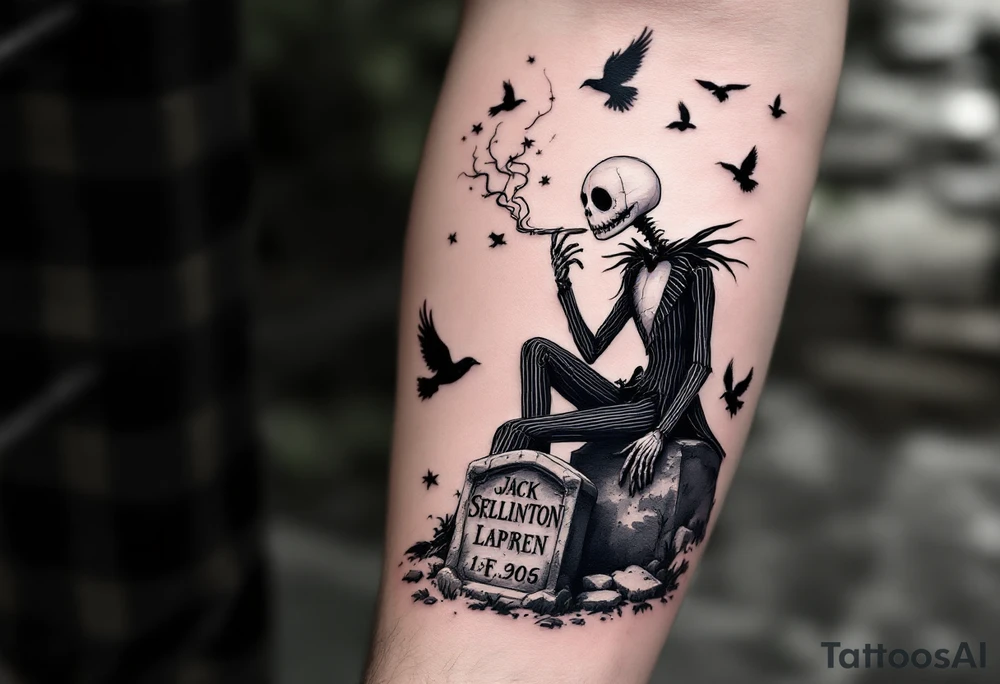 jack skellington smoking,sitting on tombstone, birds, thunderstorm tattoo idea