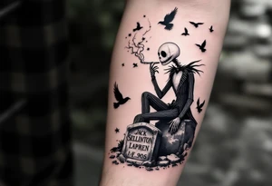 jack skellington smoking,sitting on tombstone, birds, thunderstorm tattoo idea