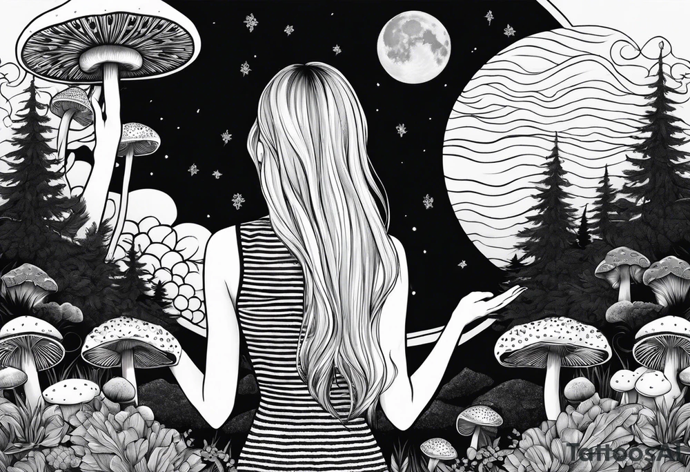 Straight blonde hair girl holding mushrooms in hand meditating facing away toward mountains surrounded by mushrooms crescent moon mandala circular design black and white striped dress tattoo idea