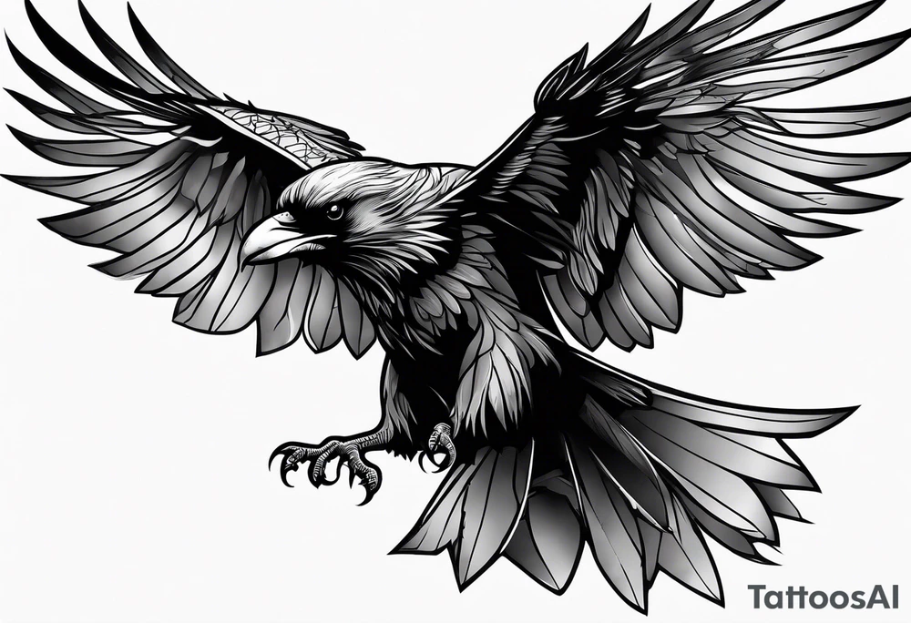 outline drawing of a flying raven with wings of fire tattoo idea