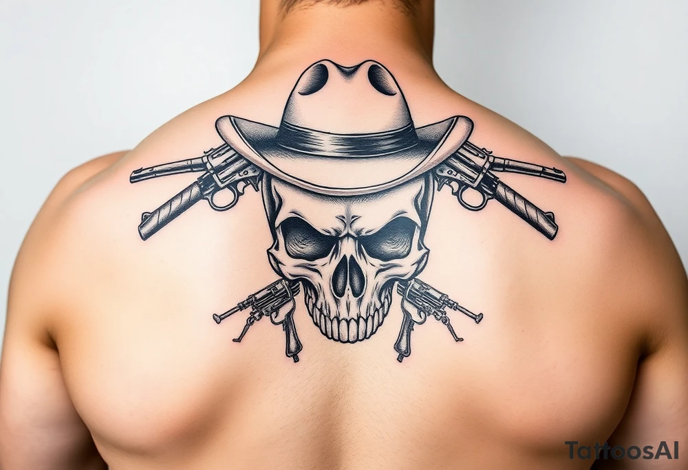 skull with cowboy-hat beneath two guns. tattoo idea