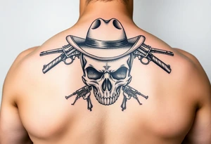 skull with cowboy-hat beneath two guns. tattoo idea