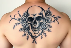 gothic skull intertwined with climbing roses and thorny vines tattoo idea