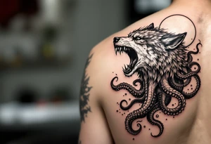 A powerful and surreal wolf octopus howling at the moon in the arm tattoo idea