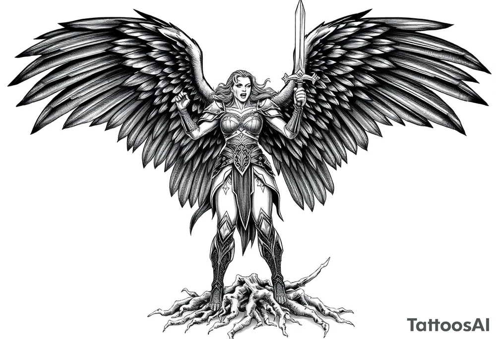 A fierce looking Valkyrie with very big dark wings. The whole body with legs should be visible.
She has armor.
She is standing in a battle ready pose with a sword held high.

She is screaming.
She is standing on roots tattoo idea