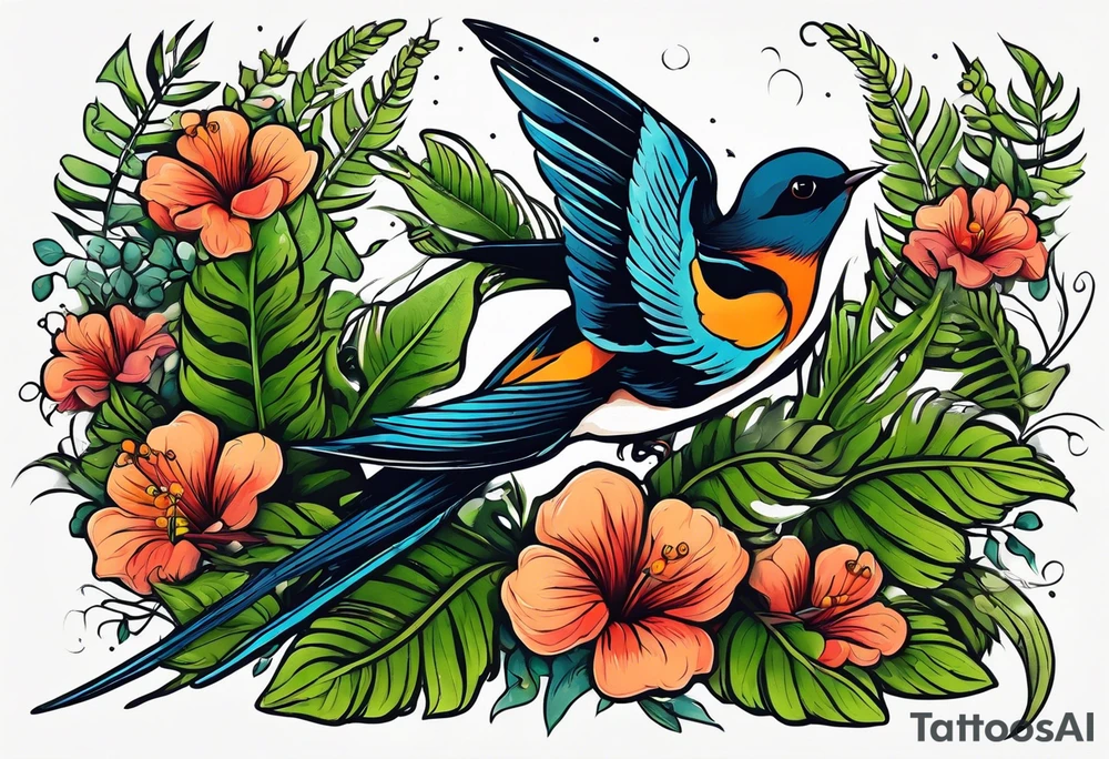 Swallow birds and floral background with ferns tattoo idea