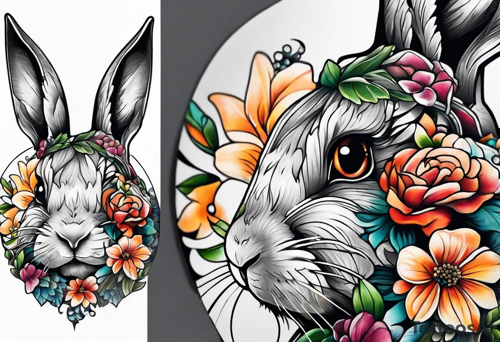 Rabbit head and flowers tattoo idea