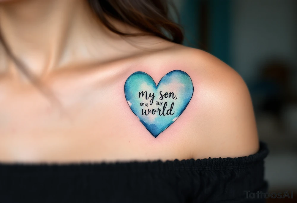 A watercolor heart filled with sky blue and mint green, with the words “My Son, My World” in black ink. tattoo idea
