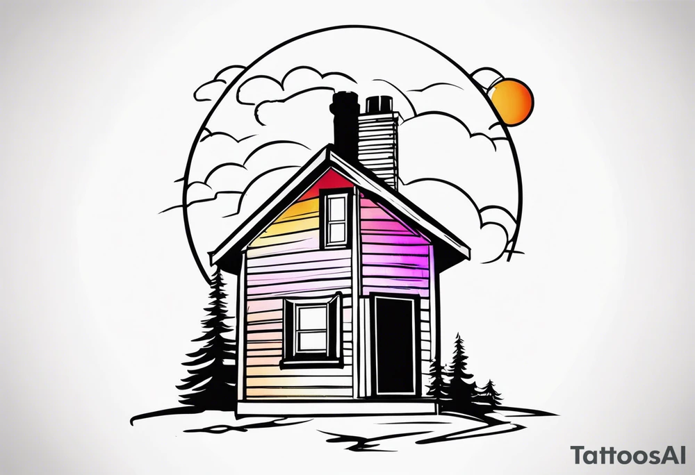cabin chimney smoke "Hutting Est. 2004" friends sunset tattoo idea