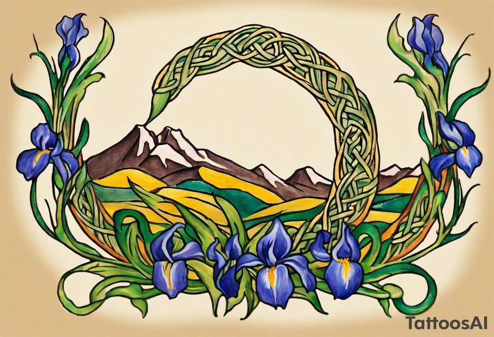 Create a small colorful Vincent van Gogh Irises tattoo in the form of a crescent, with vines or Celtic knots gracefully intertwining at a central point in the middle of the wreath.  In the middle of the wreath are mountains and other items found in New Mexico. Ensure that the design avoids the appearance of a bush and maintains a more structured and deliberate arrangement. The intended placement is on the upper chest. The overall design should be small in size while maintaining a delicate and artistic aesthetic. Pay attention to the graceful flow of the vines and the placement of the irises to achieve a refined and elegant look. tattoo idea