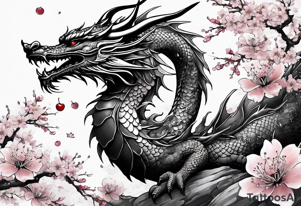 dragon with  cherry blossoms  and soot sprites tattoo idea