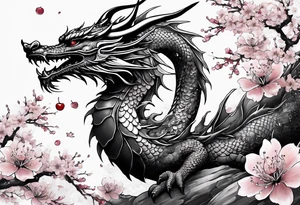 dragon with  cherry blossoms  and soot sprites tattoo idea