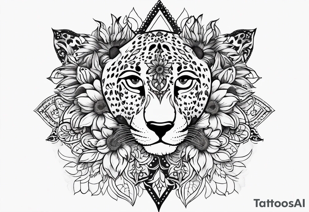 Ripped skin cheetah print with sunflower clusters and mandala tattoo idea