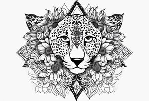Ripped skin cheetah print with sunflower clusters and mandala tattoo idea