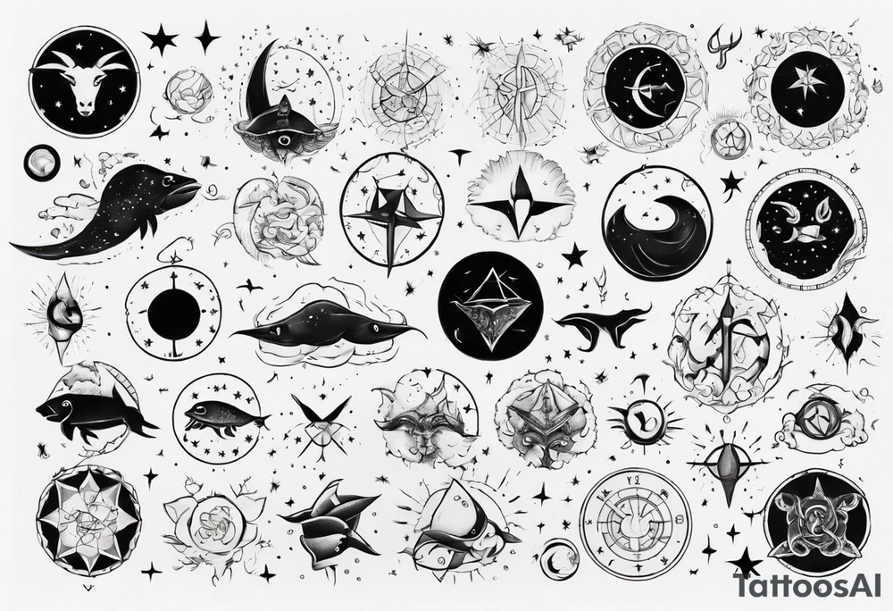 nigh sky, showing zodiac sign for Pisces and Taurus. upper arm sleeve tattoo tattoo idea