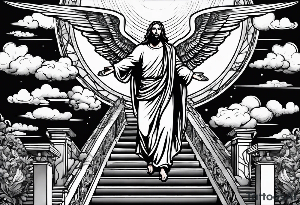 Jesus standing on a flight of stairs with clouds, sunshine and a dove in the background tattoo idea