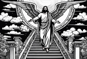 Jesus standing on a flight of stairs with clouds, sunshine and a dove in the background tattoo idea