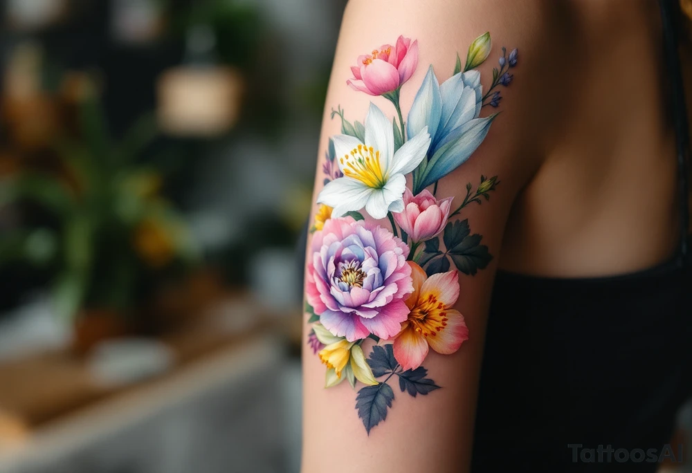 Carnation, Snowdrop, Larkspur, Water Lily, Daffodil, Clover tattoo idea