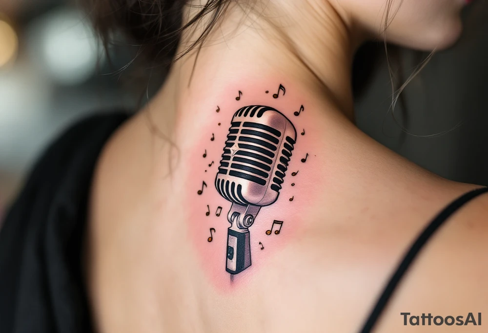 Vintage Microphone Tattoo – A classic, detailed black and gray tattoo of a vintage microphone with intricate shading, surrounded by musical notes floating around it in soft gold and bronze hues. tattoo idea